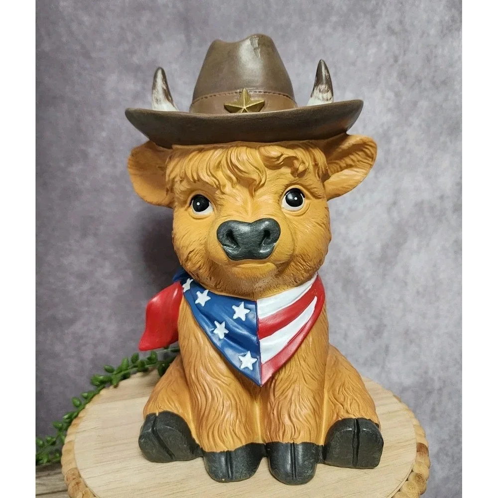 Patriotic Americana Western Highland Cow With Cowboy‎ Hat Scarf Figurine 10.5
